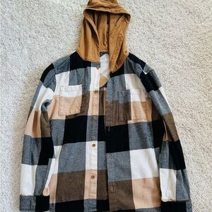 Plaid Hooded Jacket - Black, White, Tan